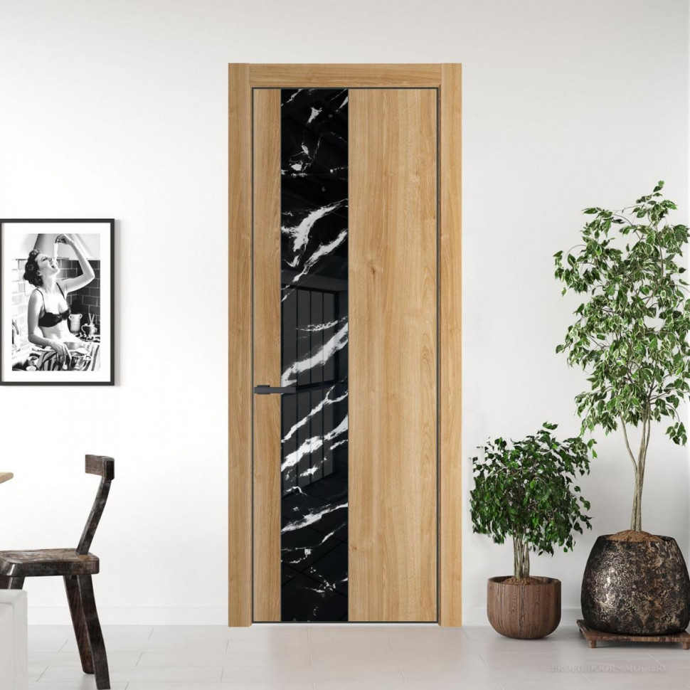 Межкомнатная дверь ProfilDoors 19 NE Дуб Карамель с кромкой Серая Ночь с стекляной вставкой нефи черный узор серебро