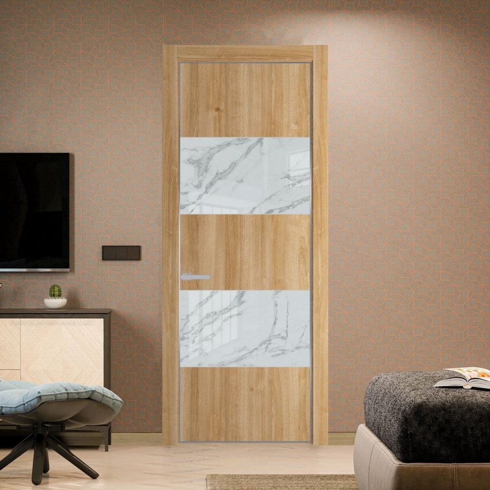 Межкомнатная дверь ProfilDoors 22 NE Дуб Карамель с кромкой Серебро с стекляной вставкой нефи белый узор серебро