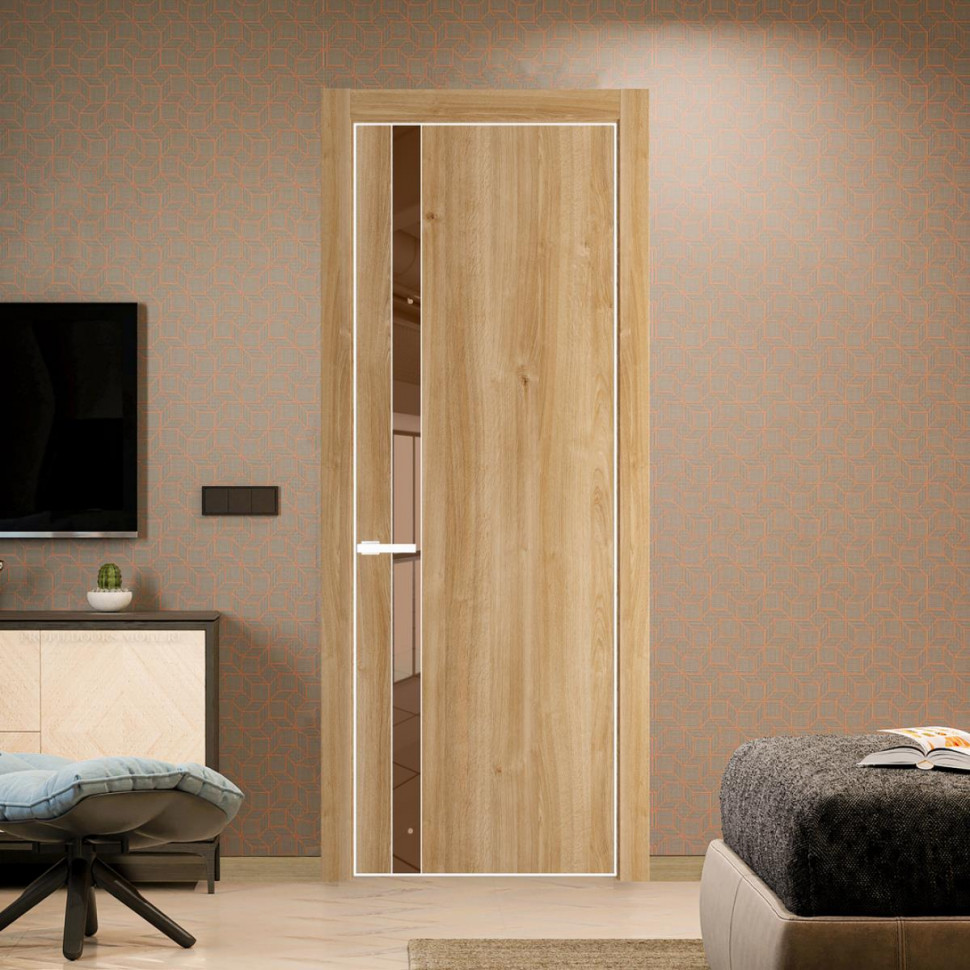 Межкомнатная дверь ProfilDoors 18NA Дуб Карамель профиль Вайт вставка Зеркало Bronza