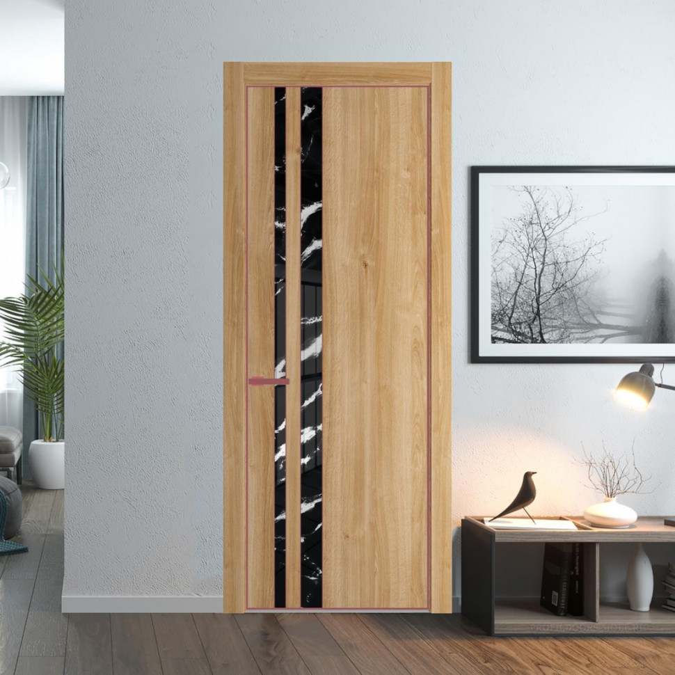 Межкомнатная дверь ProfilDoors 20NA Дуб Карамель профиль Красный антрацит вставка Нефи черный узор серебро
