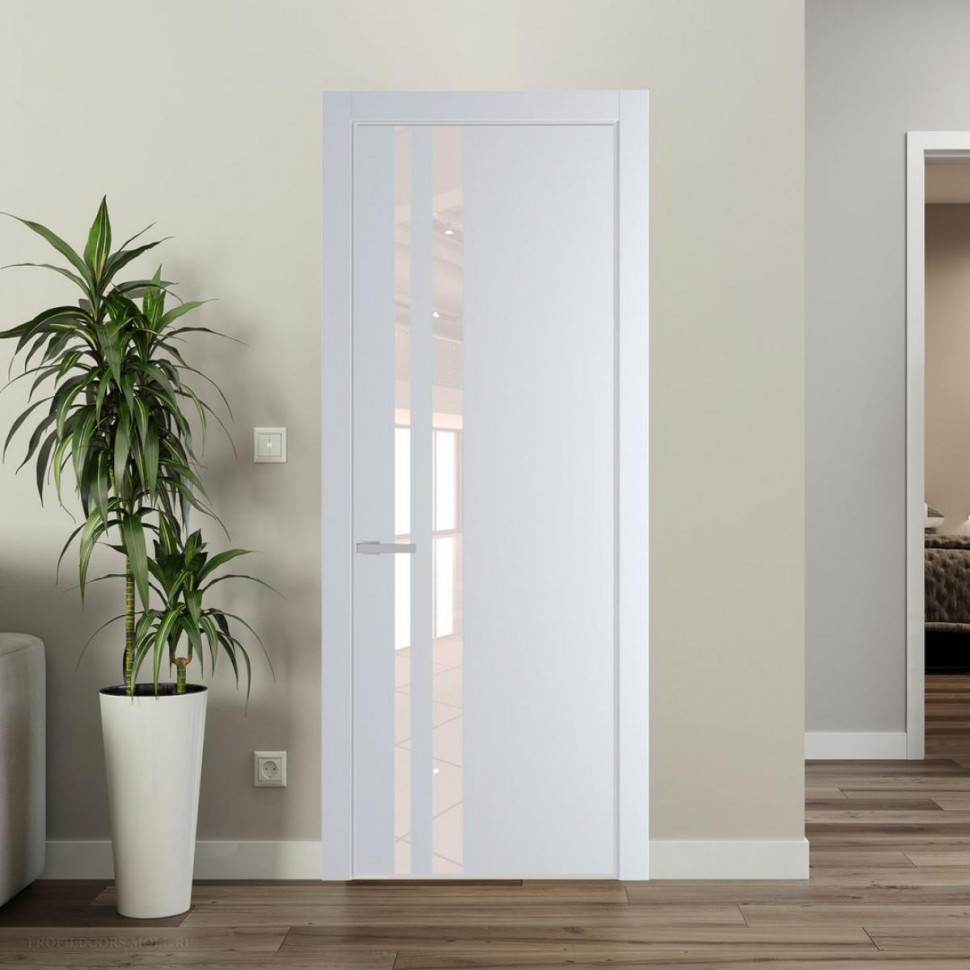 Межкомнатная дверь ProfilDoors 20 PE с вставкой из стекла перламутровый лак Вайт с алюминиевой кромкой Матовая