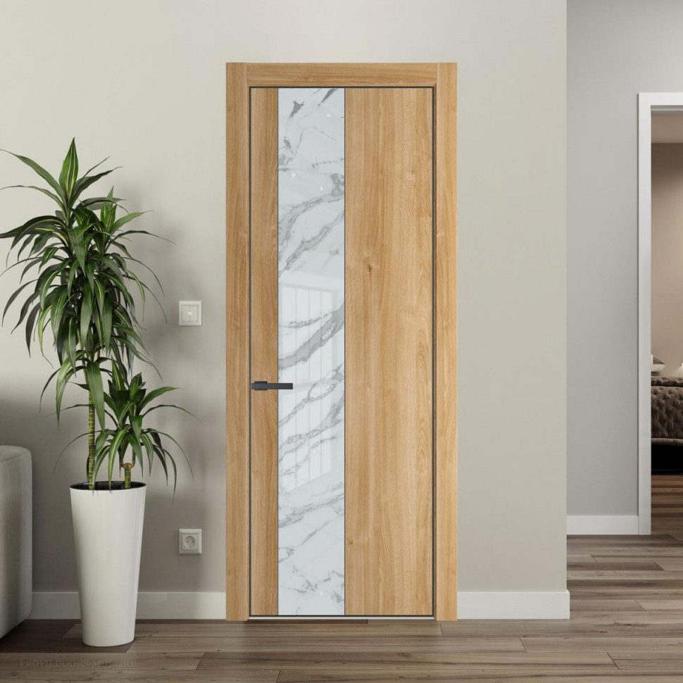 Межкомнатная дверь ProfilDoors 19 NE Дуб Карамель с кромкой Серая Ночь с стекляной вставкой нефи белый узор серебро