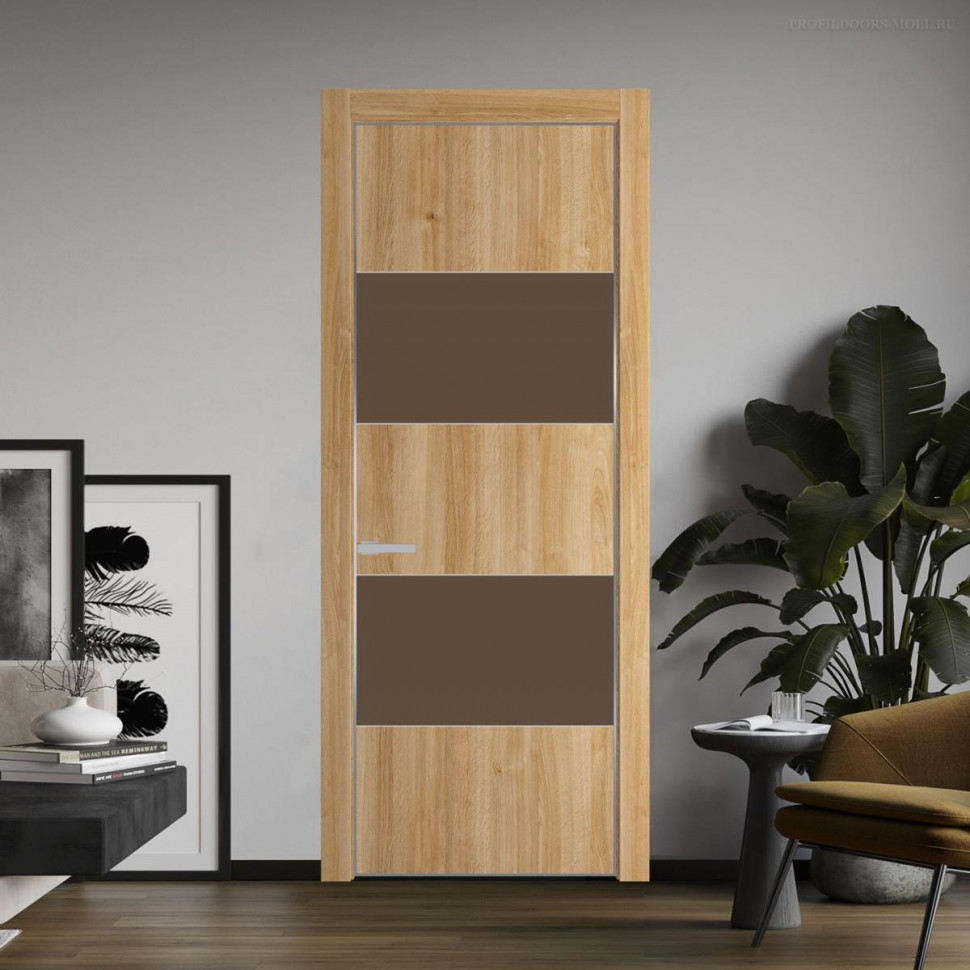 Межкомнатная дверь ProfilDoors 22 NE Дуб Карамель с кромкой Серебро с стекляной вставкой монохром гляссе