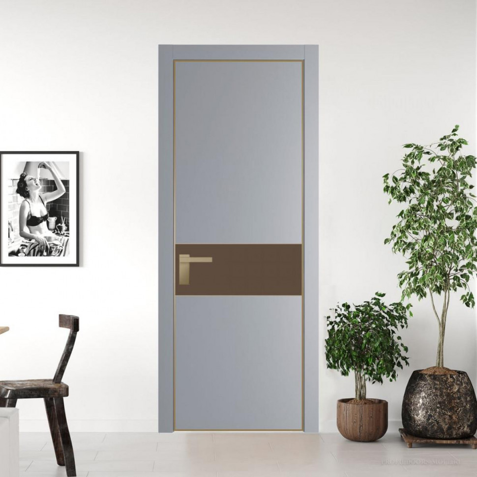 Межкомнатная дверь ProfilDoors 17 PE с вставкой из стекла монохром гляссе Смоки с алюминиевой кромкой Золото