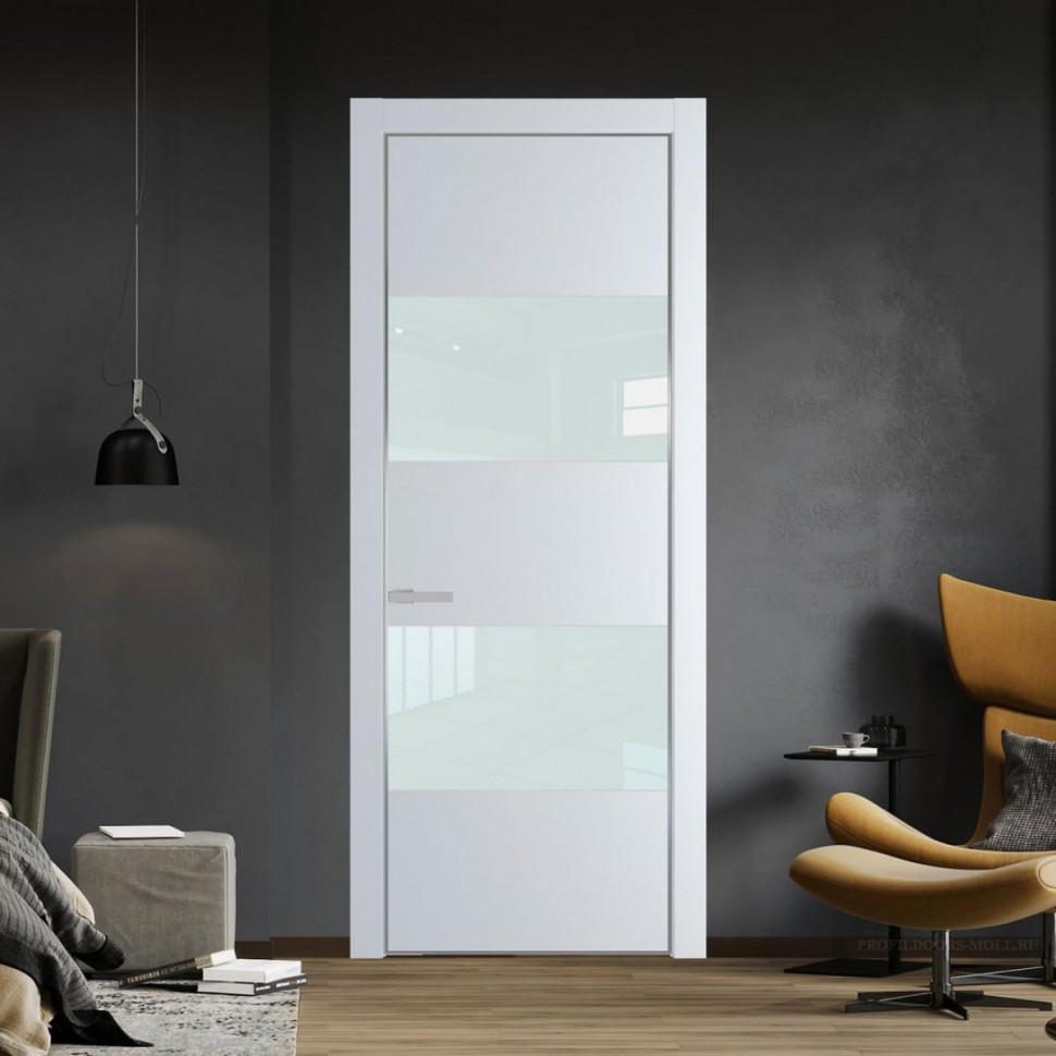Межкомнатная дверь ProfilDoors 22 PE с вставкой из стекла белый лак Вайт с алюминиевой кромкой Серебро
