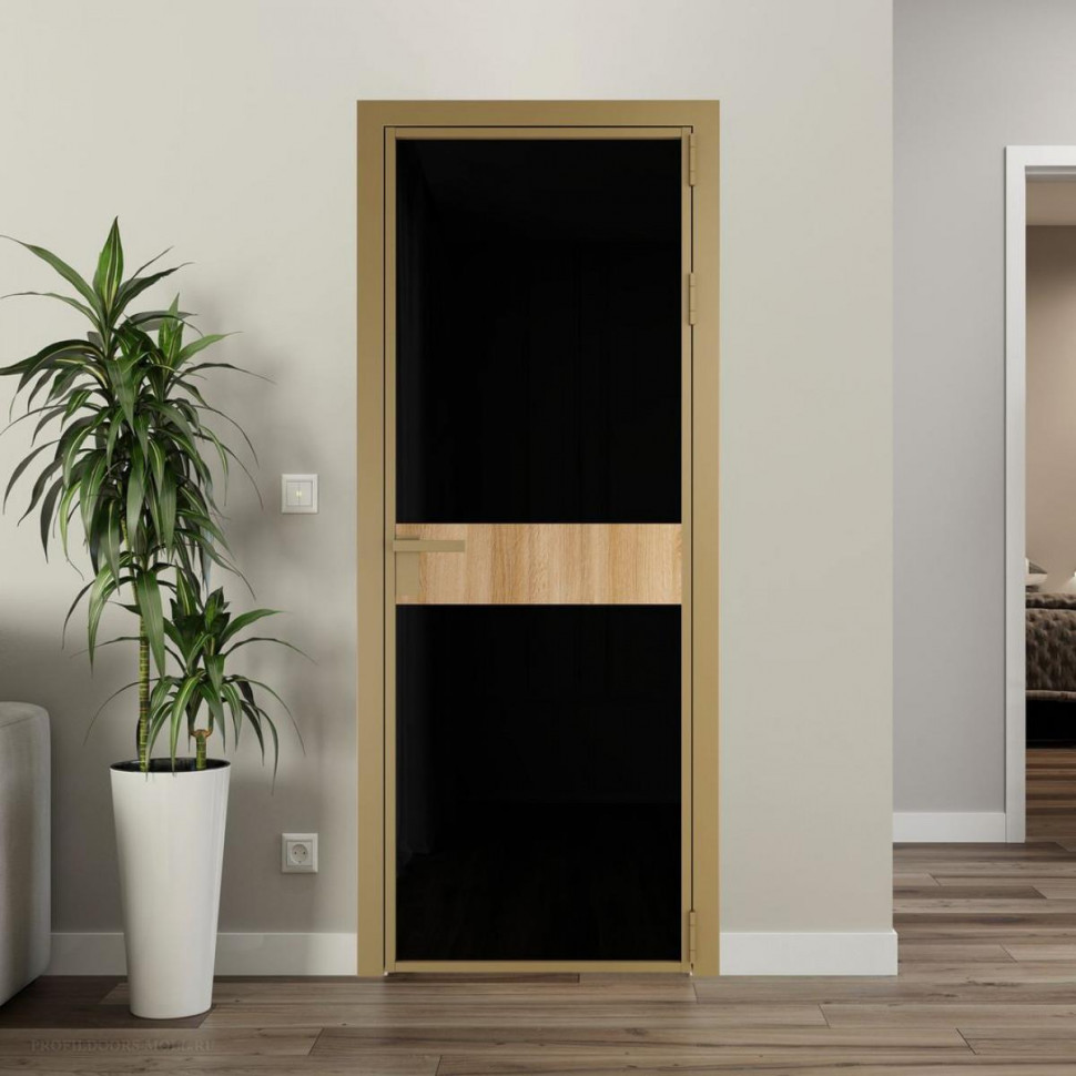 Межкомнатная дверь ProfilDoors 6 AG стекло Триплекс черный цвет профиля Золото вставка Дуб Карамель