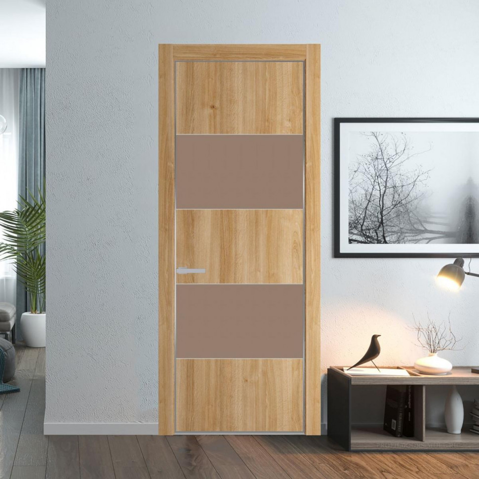 Межкомнатная дверь ProfilDoors 22 NE Дуб Карамель с кромкой Серебро с стекляной вставкой монохром капучино