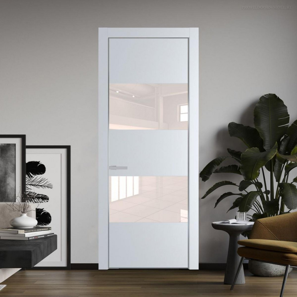 Межкомнатная дверь ProfilDoors 22 PE с вставкой из стекла перламутровый лак Вайт с алюминиевой кромкой Серебро