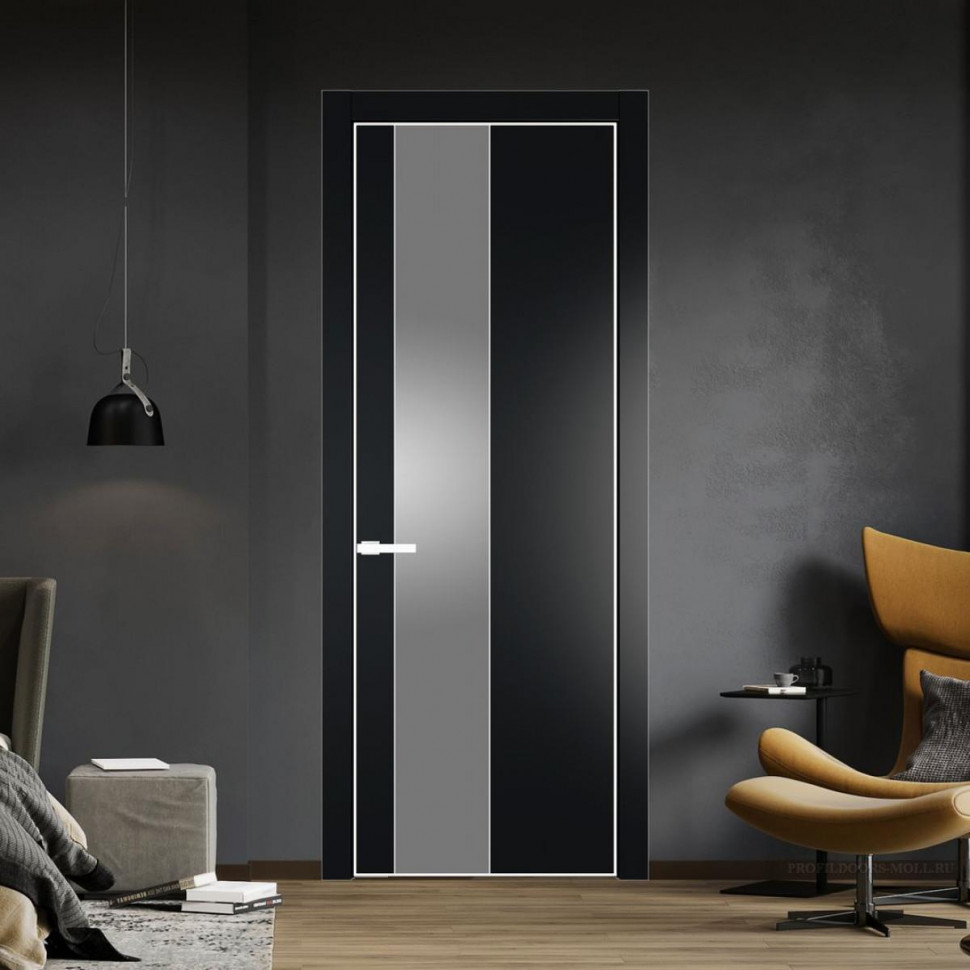 Межкомнатная дверь ProfilDoors 19 PE с вставкой из стекла серебро матлак Блэк с алюминиевой кромкой Вайт