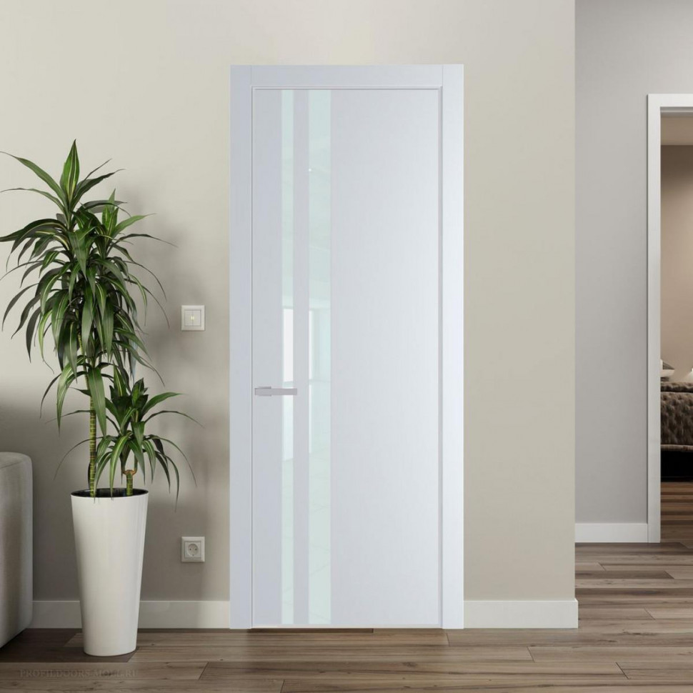 Межкомнатная дверь ProfilDoors 20 PE с вставкой из стекла белый лак Вайт с алюминиевой кромкой Матовая