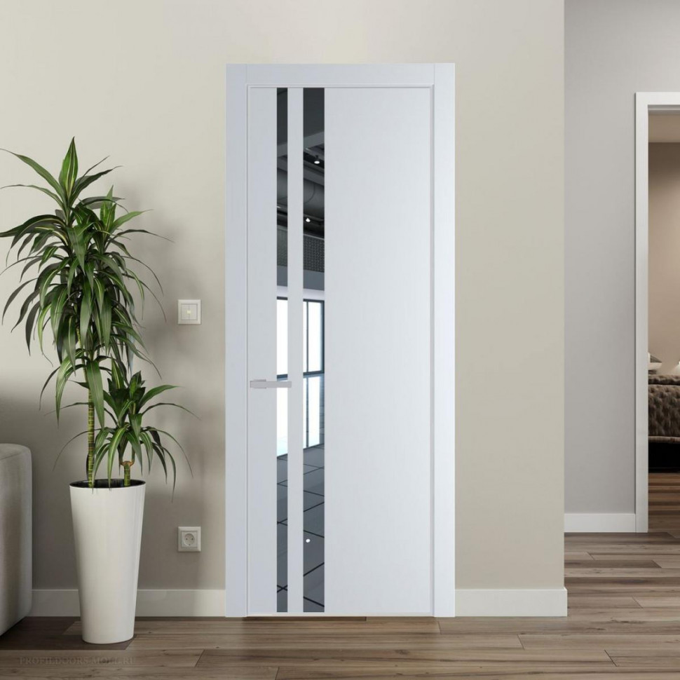Межкомнатная дверь ProfilDoors 20 PE с вставкой из стекла зеркало Вайт с алюминиевой кромкой Матовая