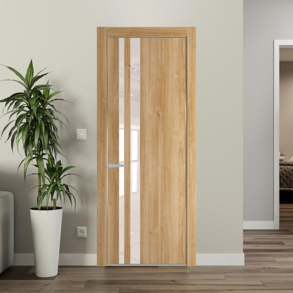 Межкомнатная дверь ProfilDoors 20NA Дуб Карамель профиль Серебро вставка Lacobel Перламутровый лак