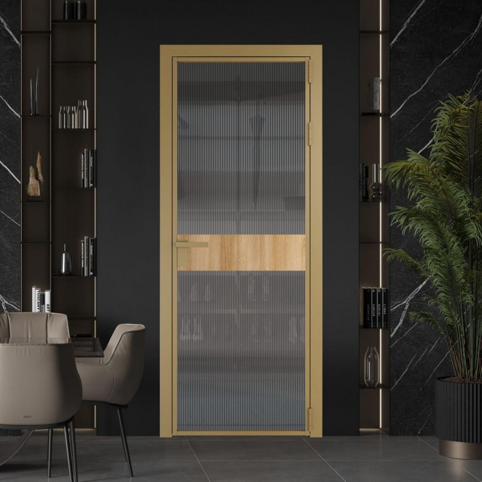 Межкомнатная дверь ProfilDoors 6 AG стекло Мору тонированное цвет профиля Золото вставка Дуб Карамель