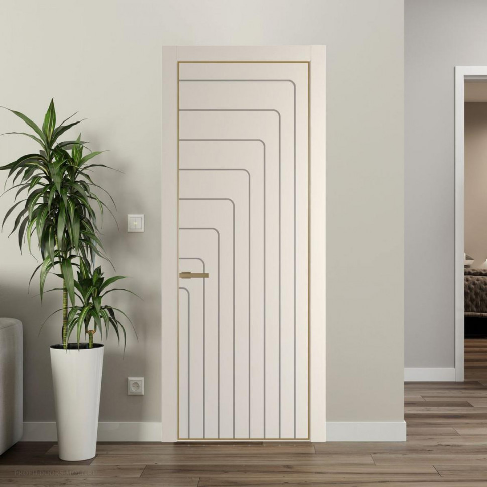 Межкомнатная дверь ProfilDoors 10 PE с фрезерованным рисунком Кремовая Магнолия с алюминиевой кромкой Золото