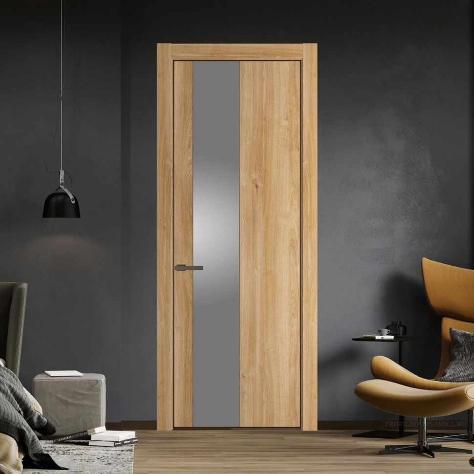Межкомнатная дверь ProfilDoors 19 NE Дуб Карамель с кромкой Деорэ с стекляной вставкой серебро матлак