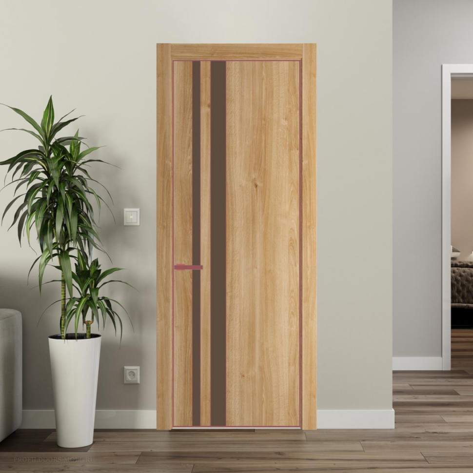 Межкомнатная дверь ProfilDoors 20NA Дуб Карамель профиль Красный антрацит вставка Монохром гляссе