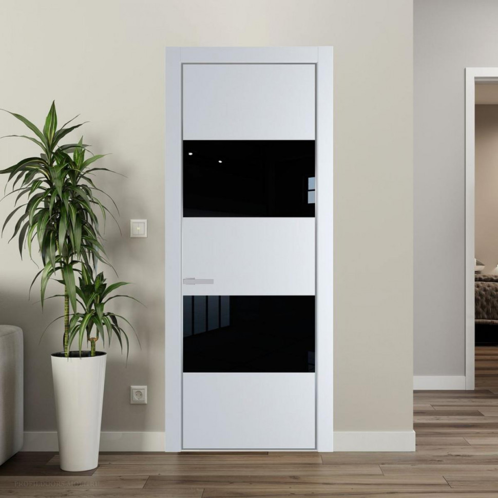 Межкомнатная дверь ProfilDoors 22 PE с вставкой из стекла черный лак Вайт с алюминиевой кромкой Серебро