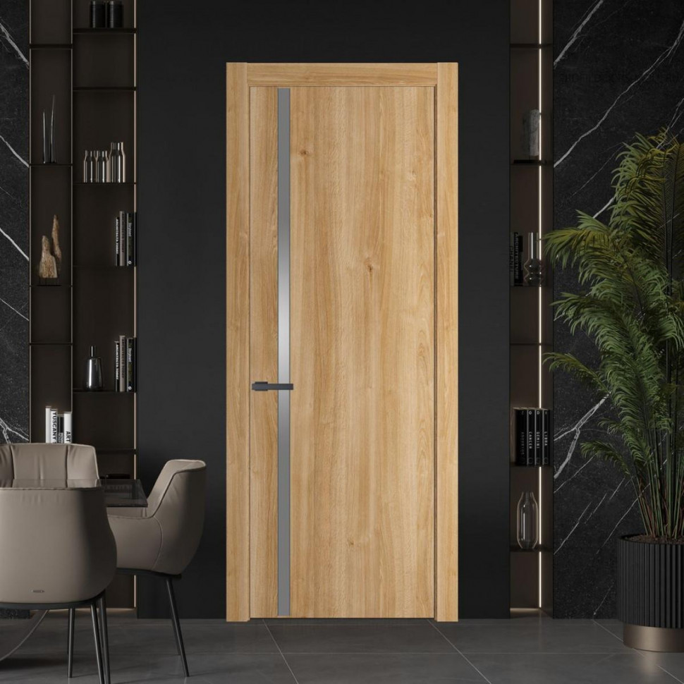 Межкомнатная дверь ProfilDoors 21 NW Дуб Карамель молдинг Серая ночь стекло Lacobel Серебряный лак