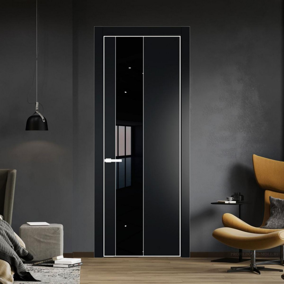 Межкомнатная дверь ProfilDoors 19 PE с вставкой из стекла черный лак Блэк с алюминиевой кромкой Вайт