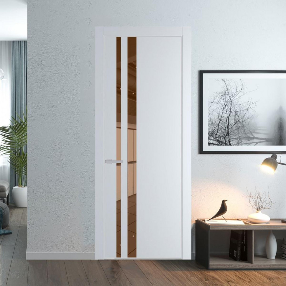 Межкомнатная дверь ProfilDoors 20 PE с вставкой из стекла зеркало bronze Вайт с алюминиевой кромкой Матовая