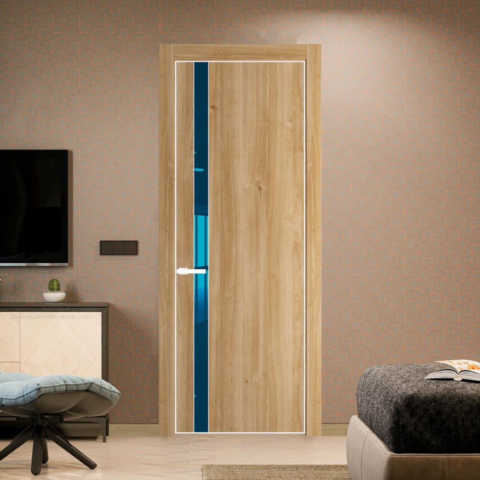 Межкомнатная дверь ProfilDoors 18NA Дуб Карамель профиль Вайт вставка Зеркало Blue