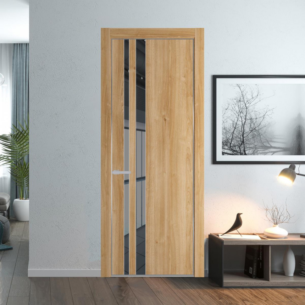 Межкомнатная дверь ProfilDoors 20NA Дуб Карамель профиль Серебро вставка Зеркало Grey