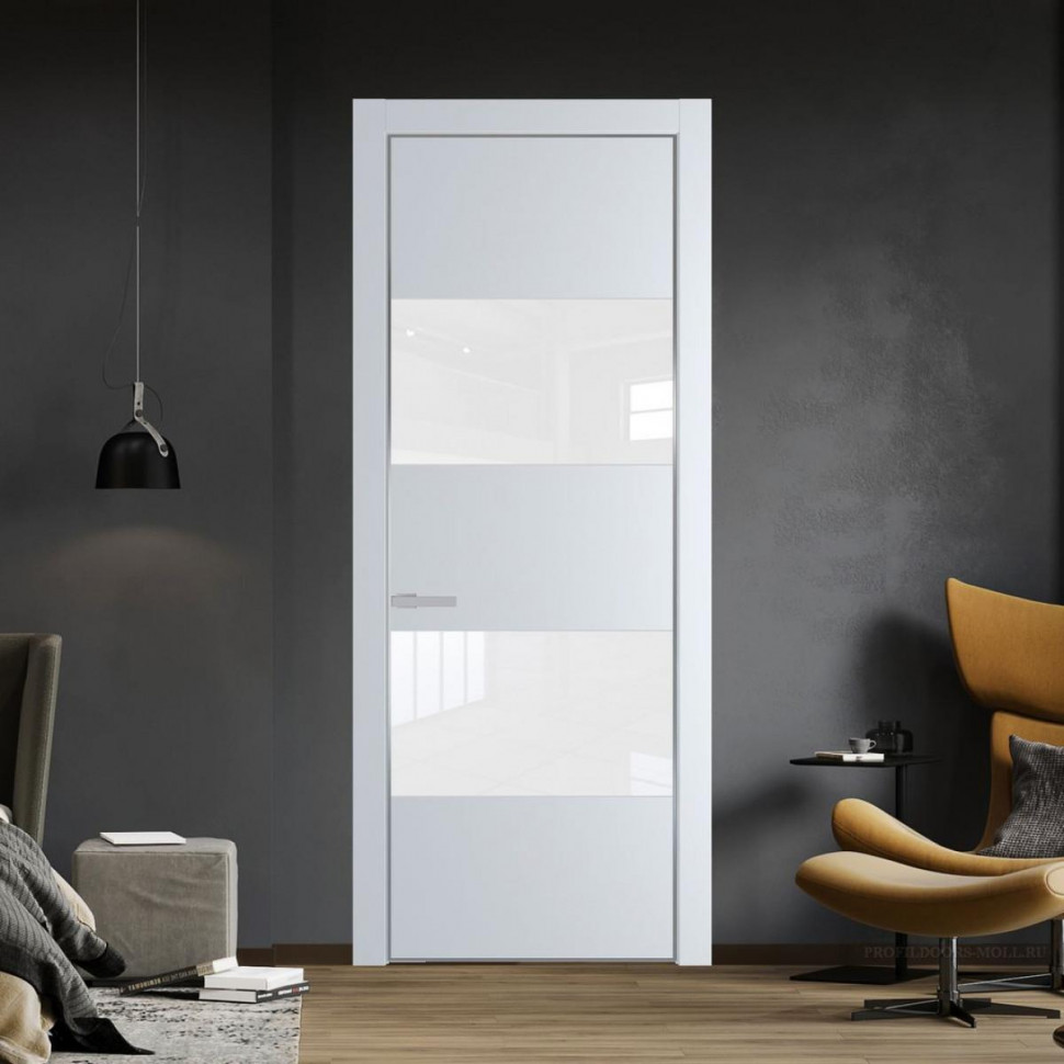 Межкомнатная дверь ProfilDoors 22 PE с вставкой из стекла лак классик Вайт с алюминиевой кромкой Серебро