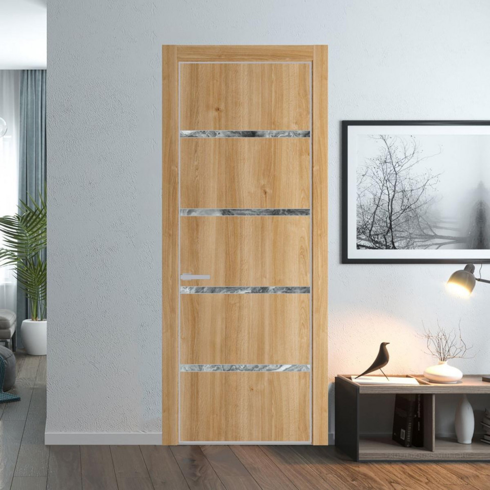 Межкомнатная дверь ProfilDoors 23 NE Дуб Карамель с кромкой Матовая с стекляной вставкой атриум серебро