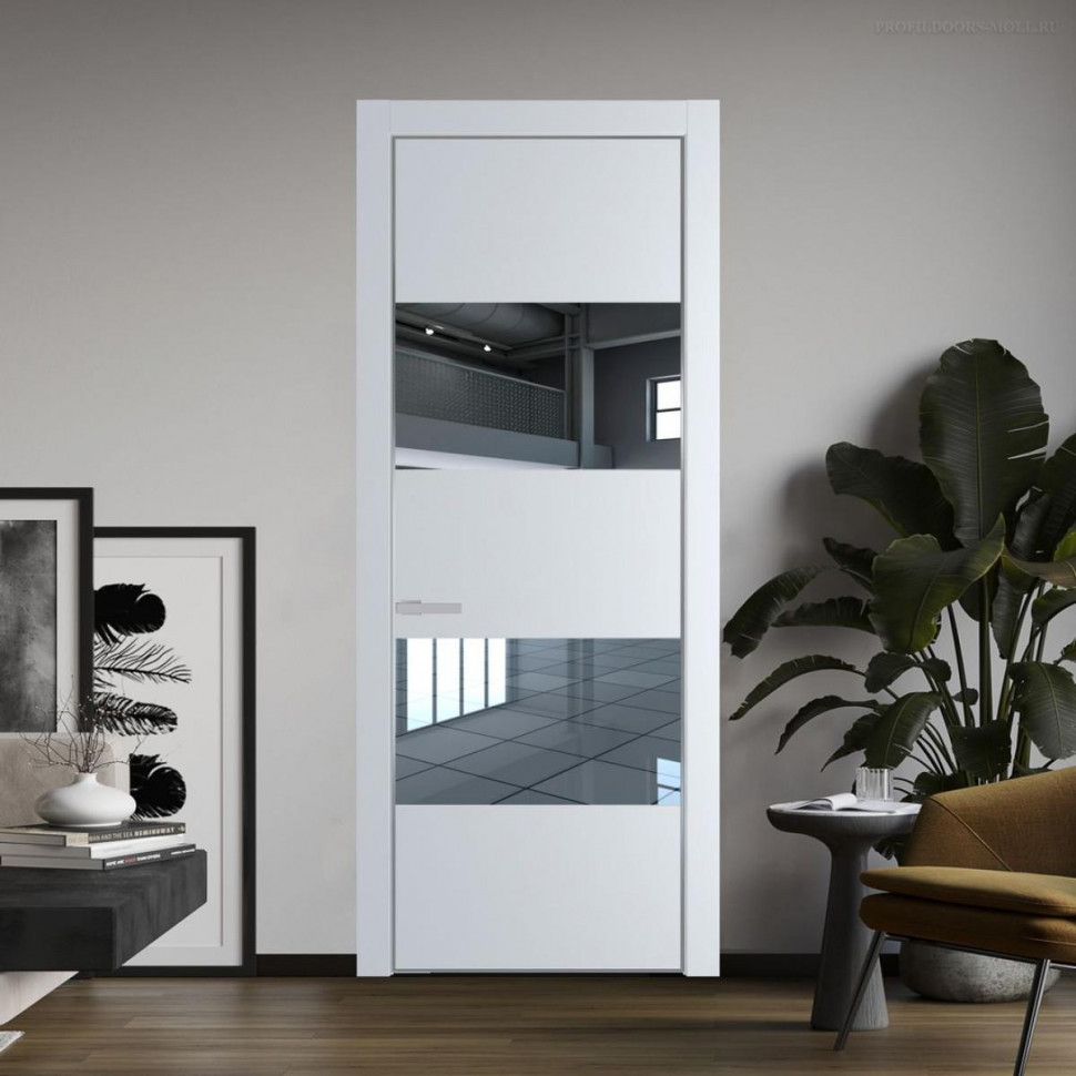 Межкомнатная дверь ProfilDoors 22 PE с вставкой из стекла зеркало Вайт с алюминиевой кромкой Серебро
