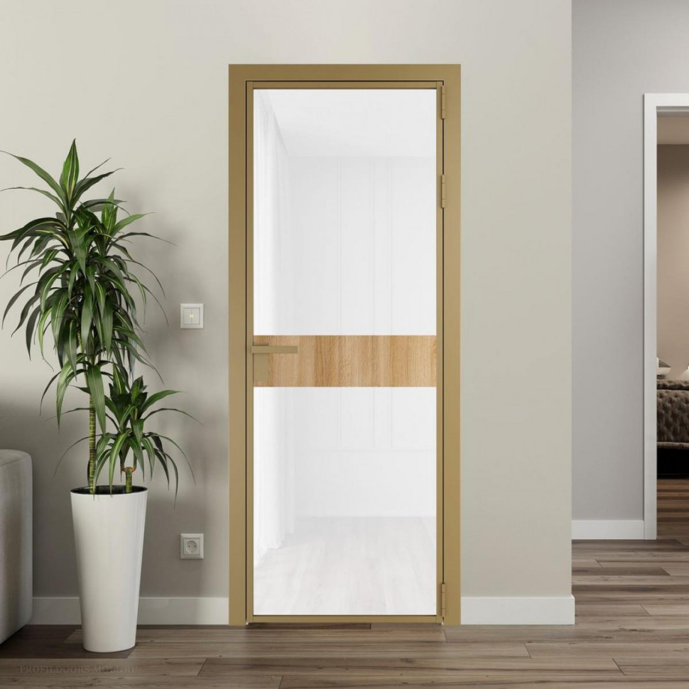 Межкомнатная дверь ProfilDoors 6 AG стекло Триплекс белый цвет профиля Золото вставка Дуб Карамель