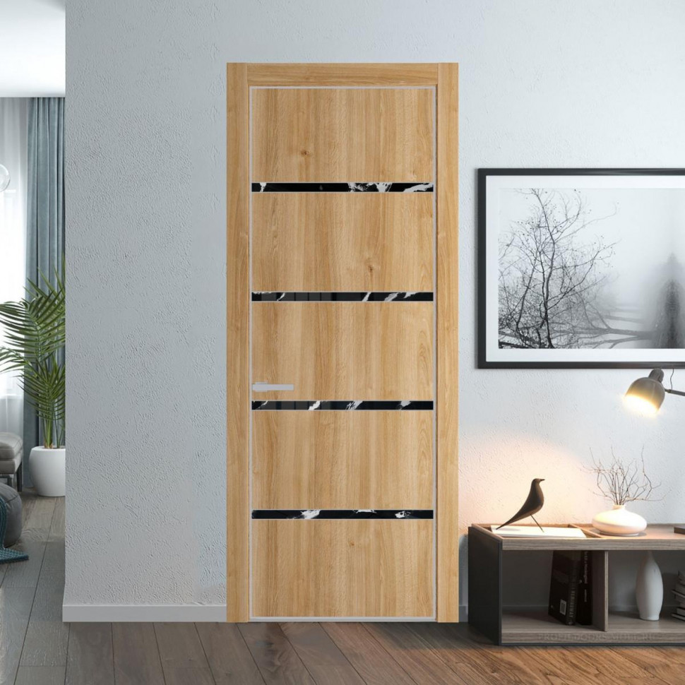 Межкомнатная дверь ProfilDoors 23 NE Дуб Карамель с кромкой Матовая с стекляной вставкой нефи черный узор серебро