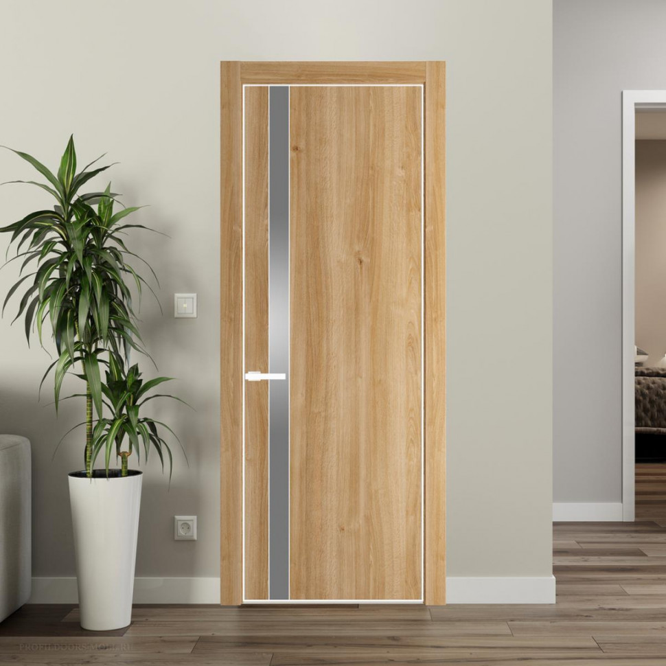 Межкомнатная дверь ProfilDoors 18NA Дуб Карамель профиль Вайт вставка Lacobel Серебряный лак
