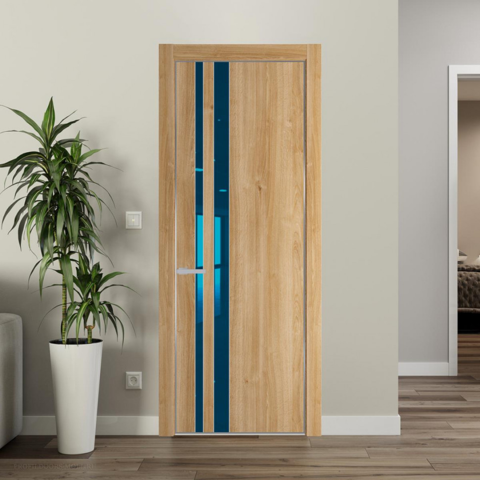 Межкомнатная дверь ProfilDoors 20NA Дуб Карамель профиль Серебро вставка Зеркало Blue