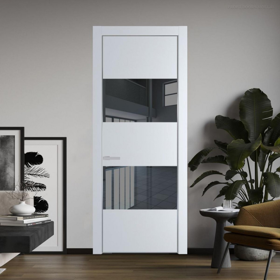 Межкомнатная дверь ProfilDoors 22 PE с вставкой из стекла зеркало grey Вайт с алюминиевой кромкой Серебро