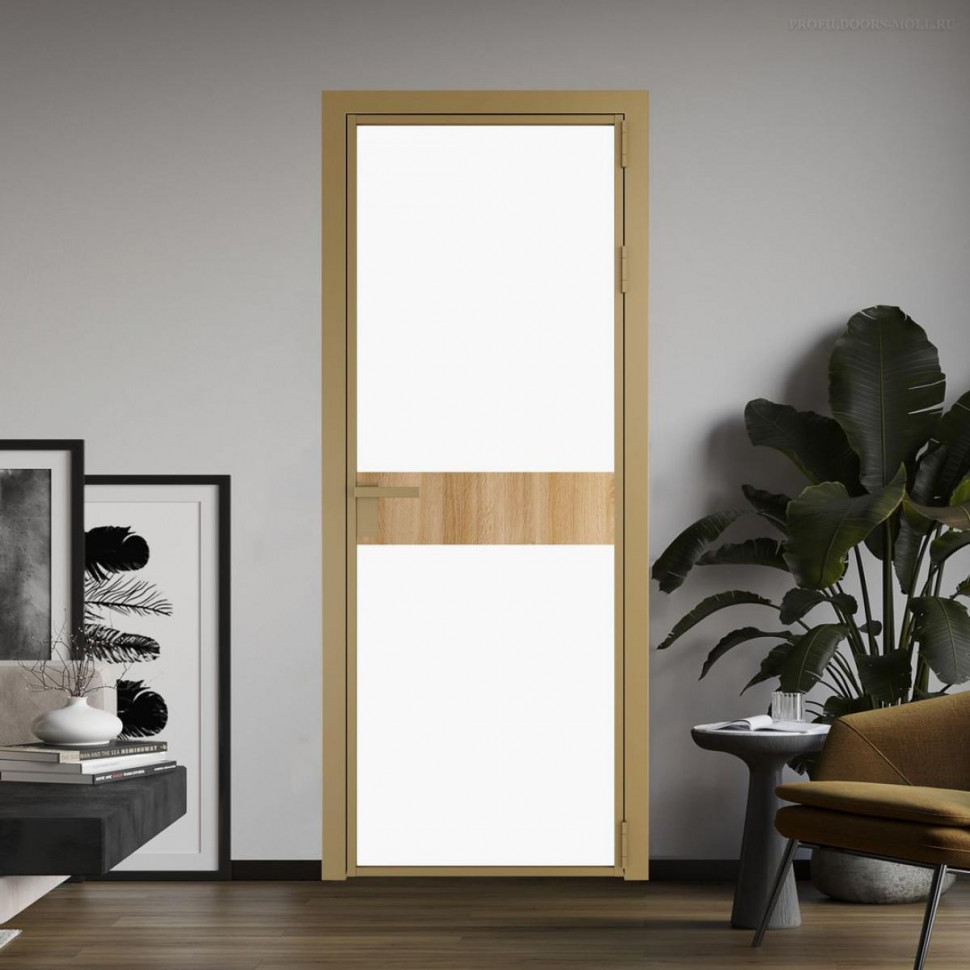 Межкомнатная дверь ProfilDoors 6 AG стекло Монохром белый просветленный триплекс цвет профиля Золото вставка Дуб Карамель