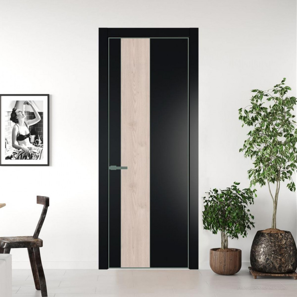 Межкомнатная дверь ProfilDoors 19 PE с вставкой Каштан светлый Блэк с алюминиевой кромкой Зеленый воск