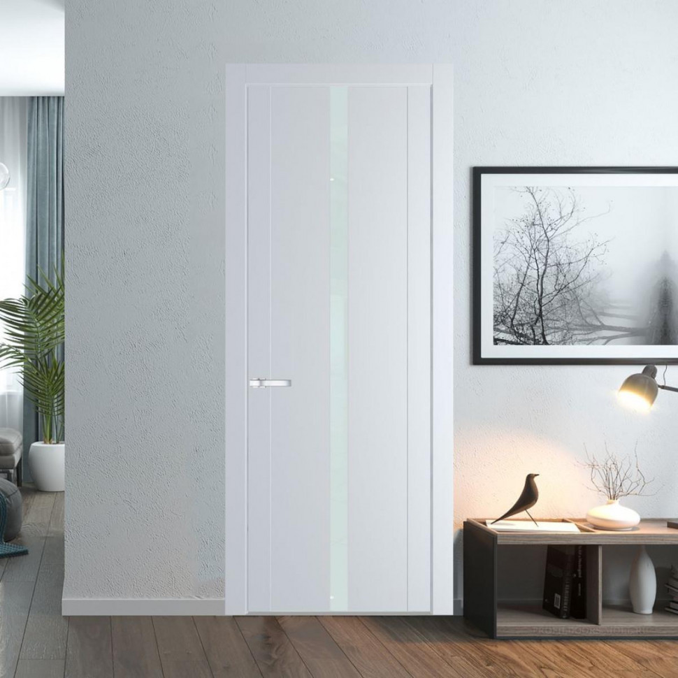 Межкомнатная дверь ProfilDoors 1.8P Вайт Lacobel Белый лак молдинг Серебро