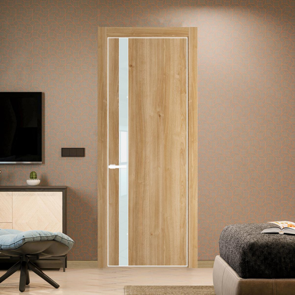 Межкомнатная дверь ProfilDoors 18NA Дуб Карамель профиль Вайт вставка Lacobel Белый лак