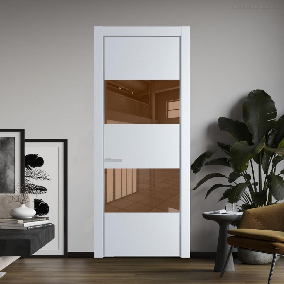 Межкомнатная дверь ProfilDoors 22 PE с вставкой из стекла зеркало bronze Вайт с алюминиевой кромкой Серебро
