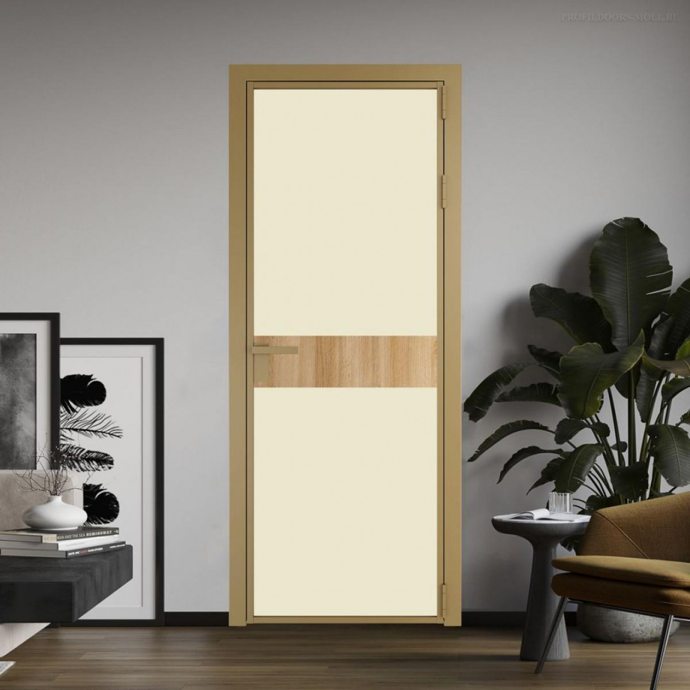 Межкомнатная дверь ProfilDoors 6 AG стекло Монохром жемчуг триплекс цвет профиля Золото вставка Дуб Карамель