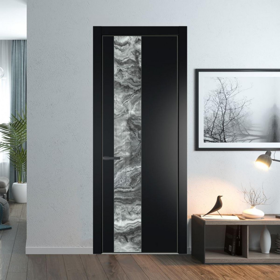 Межкомнатная дверь ProfilDoors 19 PE с вставкой из стекла атриум серебро Блэк с алюминиевой кромкой Серая Ночь