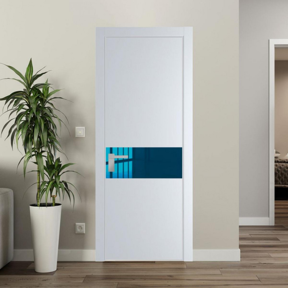 Межкомнатная дверь ProfilDoors 17 PE с вставкой из стекла зеркало blue Вайт с алюминиевой кромкой Матовая