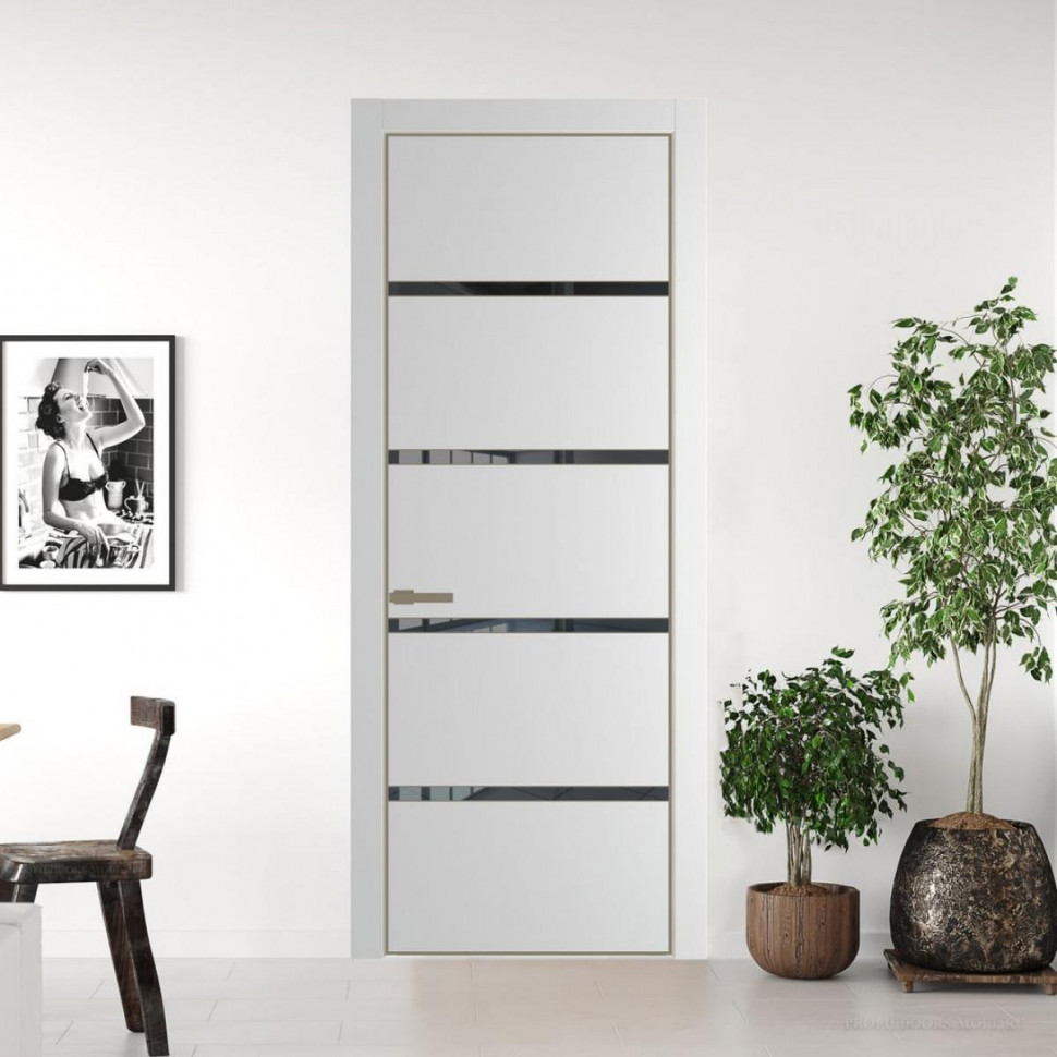 Межкомнатная дверь ProfilDoors 23 PE с вставкой из стекла зеркало grey Крем Вайт с алюминиевой кромкой Шампань