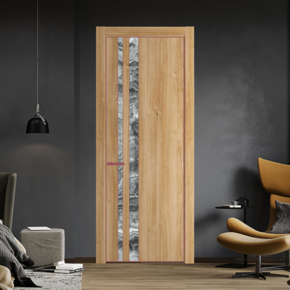 Межкомнатная дверь ProfilDoors 20NA Дуб Карамель профиль Красный антрацит вставка Атриум серебро