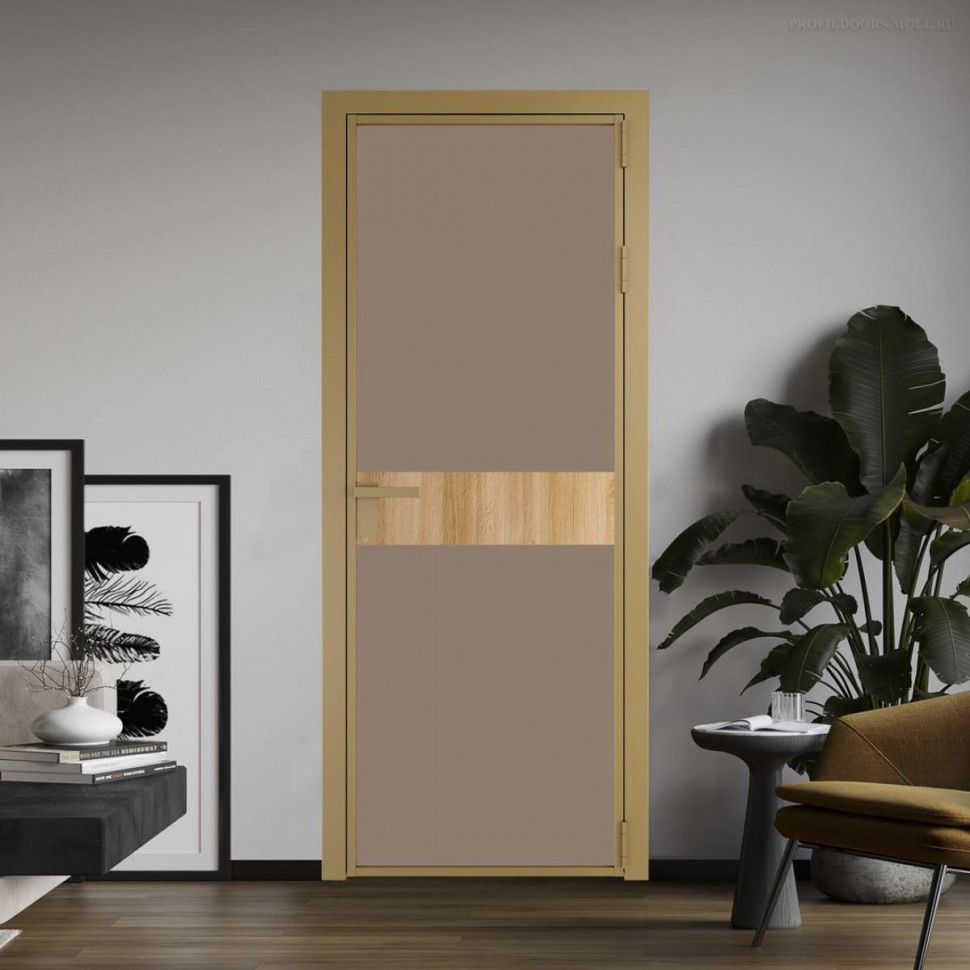 Межкомнатная дверь ProfilDoors 6 AG стекло Монохром капучино триплекс цвет профиля Золото вставка Дуб Карамель