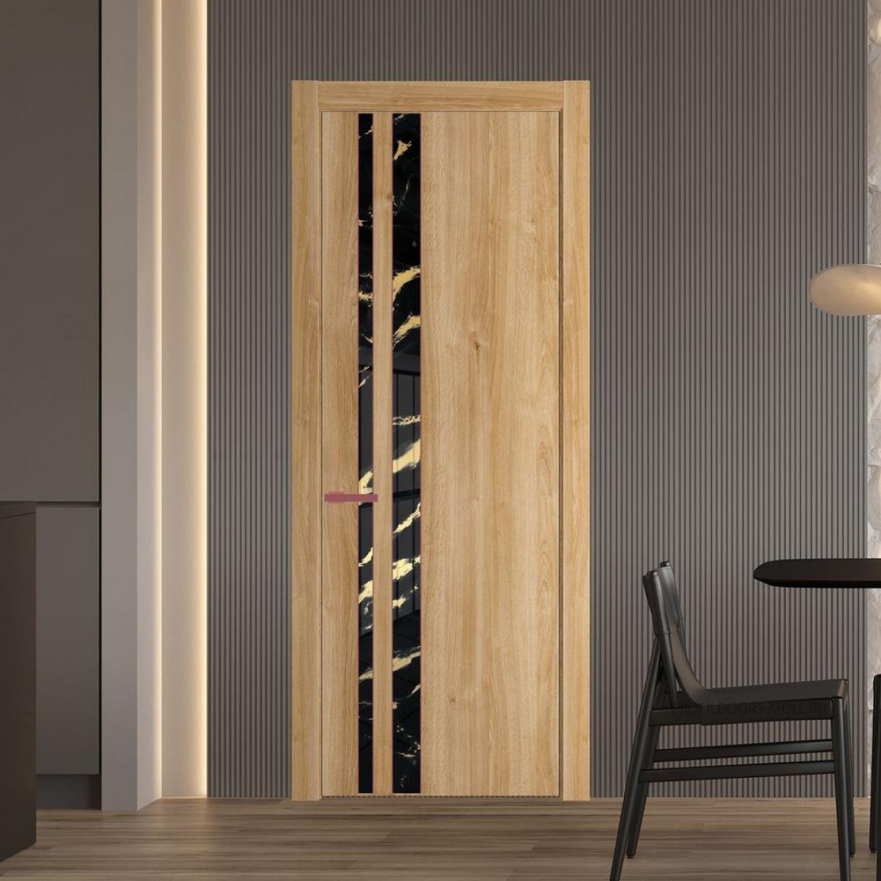 Межкомнатная дверь ProfilDoors 20 NW Дуб Карамель молдинг Красный антрацит стекло Нефи черный узор золото