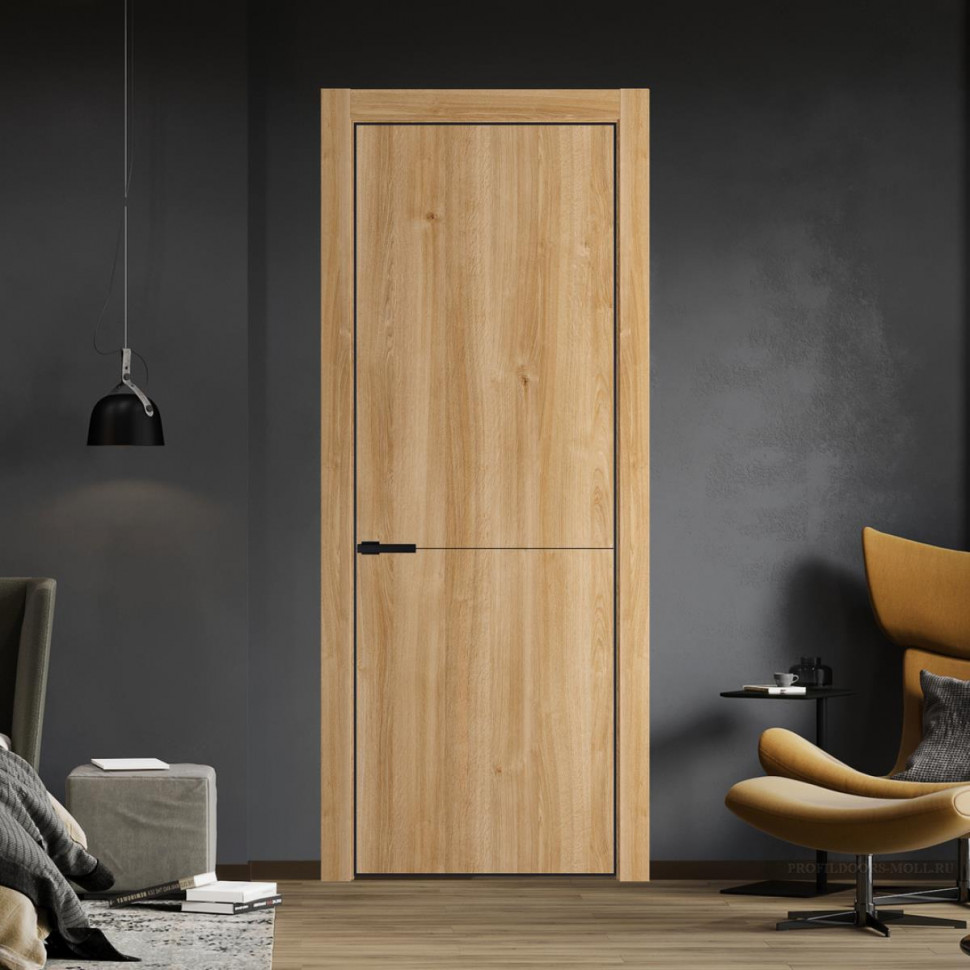 Межкомнатная дверь ProfilDoors 16NA Дуб Карамель профиль Черный матовый вставка Глухая