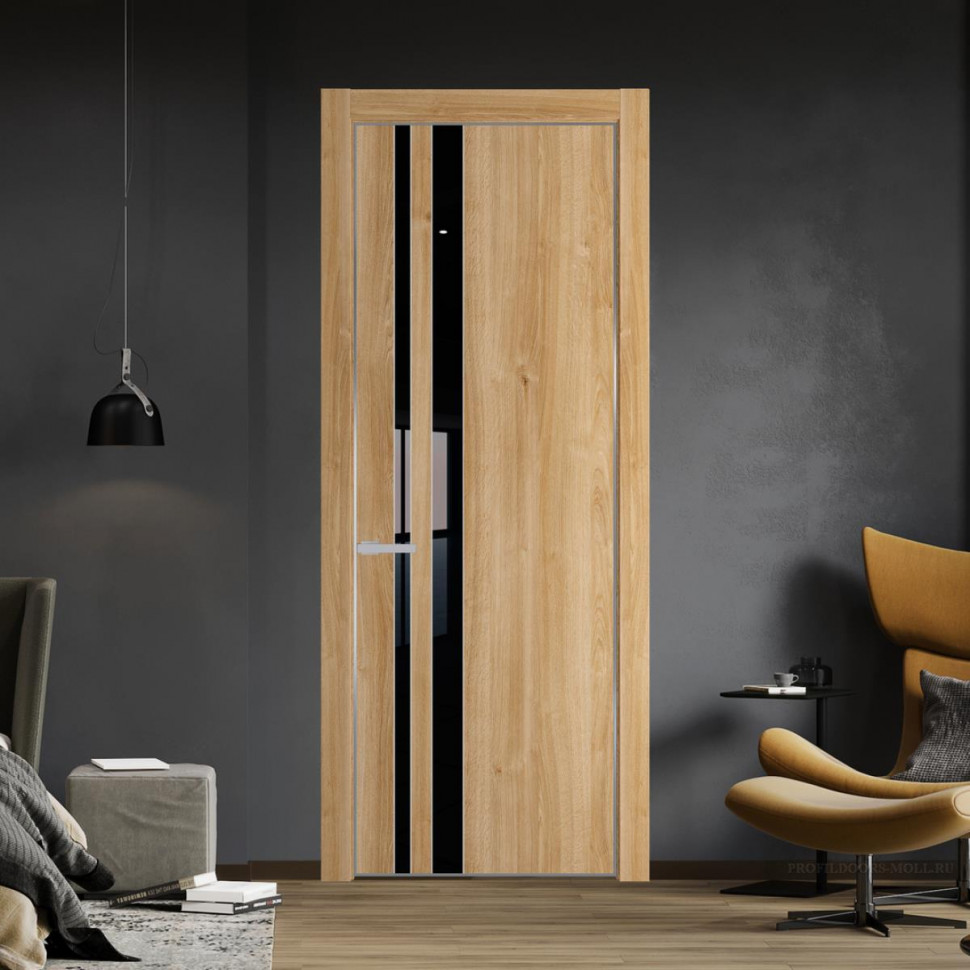 Межкомнатная дверь ProfilDoors 20NA Дуб Карамель профиль Серебро вставка Lacobel Черный лак