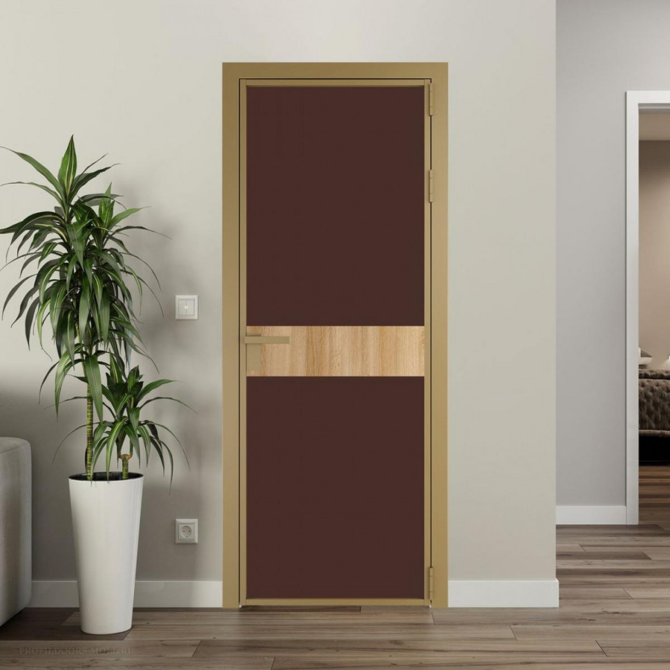 Межкомнатная дверь ProfilDoors 6 AG стекло Монохром шоколад триплекс цвет профиля Золото вставка Дуб Карамель