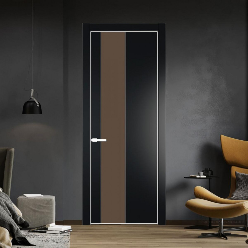 Межкомнатная дверь ProfilDoors 19 PE с вставкой из стекла монохром гляссе Блэк с алюминиевой кромкой Вайт